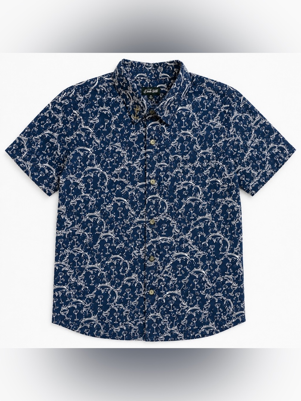 Dark Seas (Martini & Marlin Fish) Blue Short Sleeve Button Down - Mens Medium